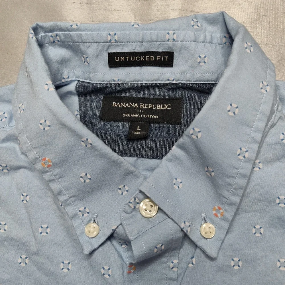 BANANA REPUBLIC UNTUCKED Fit Men Large Organic Cotton Blue Geo‎ Button Shirt
